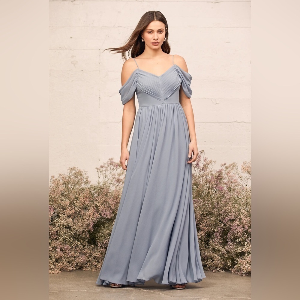 Lulus Lost In The Romance Chiffon Gown Slate Blue Small Prom Bridesmaid Formal